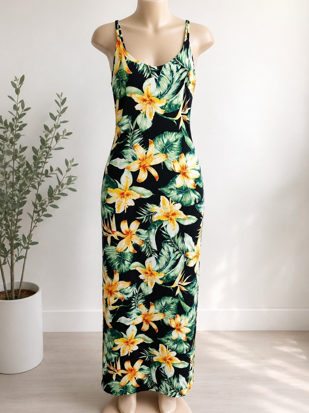 Iris Tropical Floral Maxi Dress Small Hawaiian Palm Print Stretchy Slip Dress